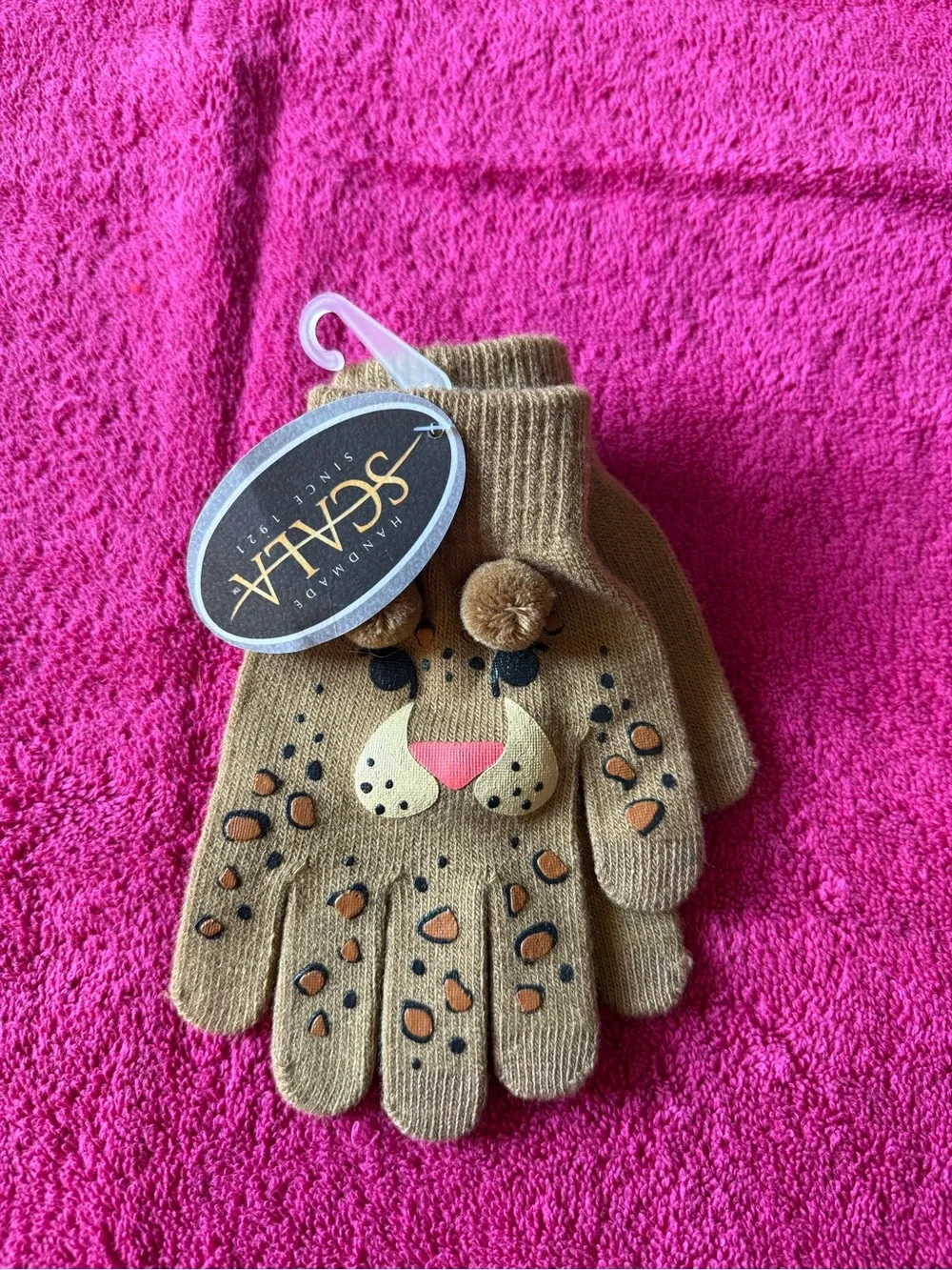 Scala Kids Tan Leopard Face Pom-Pom Mittens